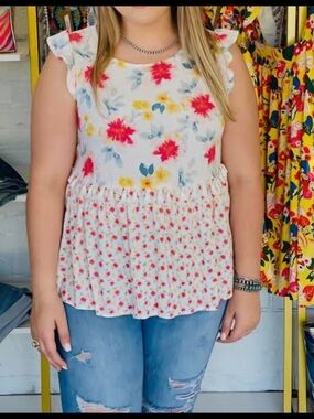 Women's White Floral Ruffled Peplum Tunic